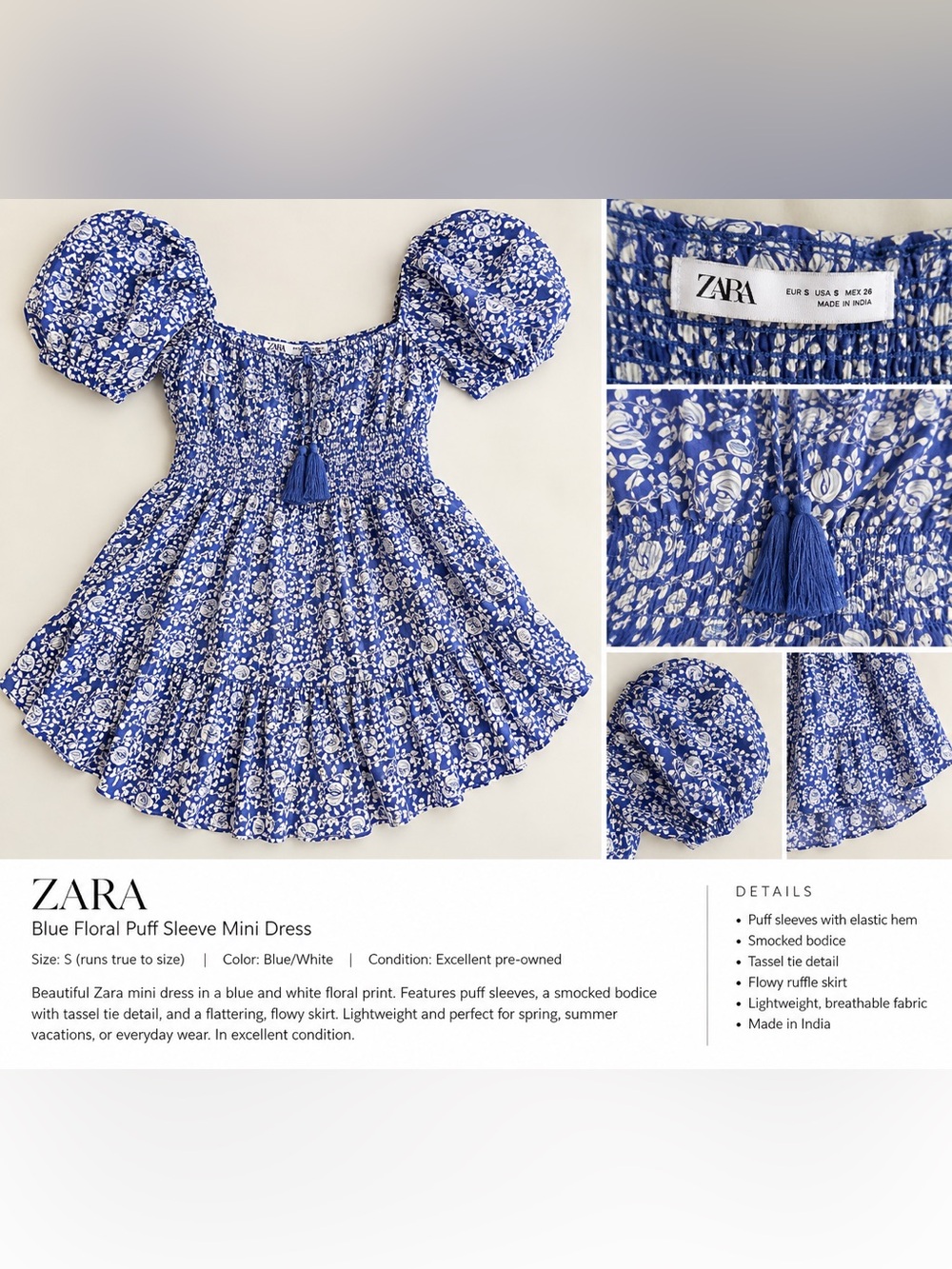 Zara Blue & White Floral Puff Sleeve Smocked Mini Dress Size S